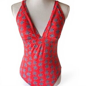 Reyn Spooner One Piece Swimsuit Red Palm Tree Print V Neck Size 8 NWT